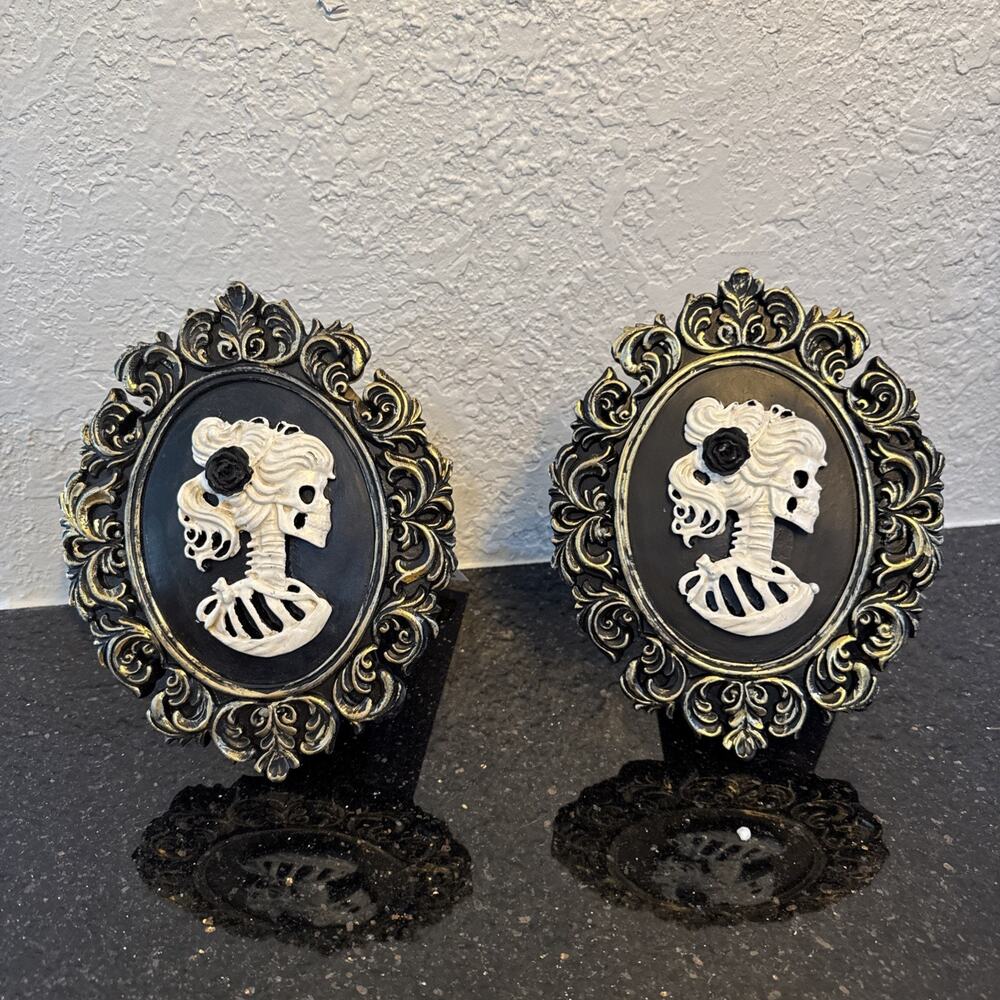 2 Ladies Skeleton Cameo Frames Wall Art Decor 8.5"X6.5" Female Skulls 3D Gothic